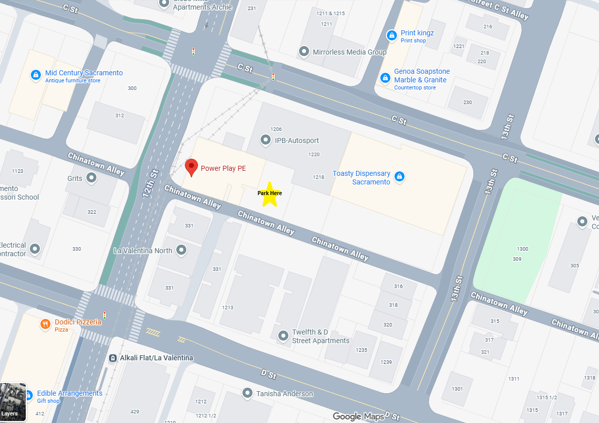 Map showing Power Play PE location at 317 12th St Sacramento with parking marked on Chinatown Alley
